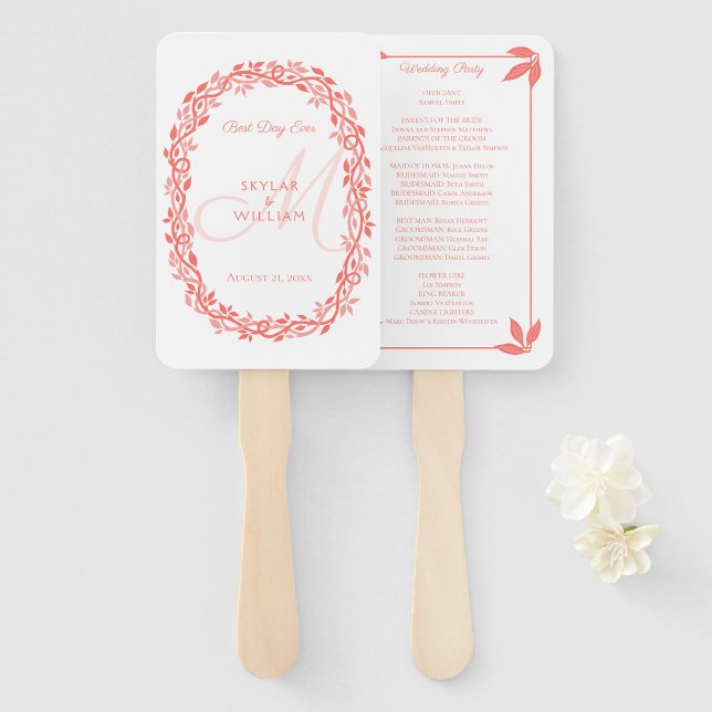 Éventail Coral Woodsy Mariage Monogramme Meilleur Jour Jama (Devant et derrière)