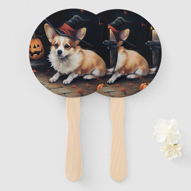 Éventail Corgi Citrouilles Halloween Épouvantable (Devant et derrière)