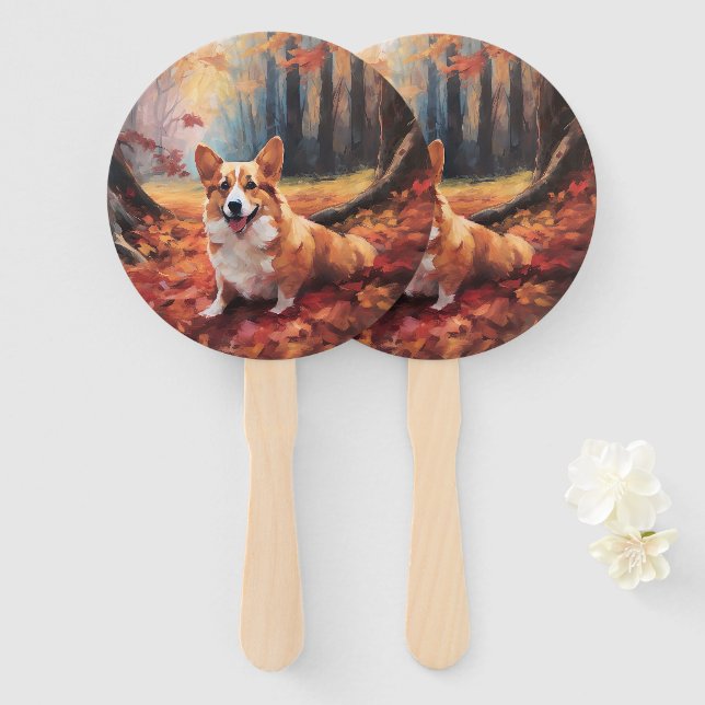 Éventail Corgi dans les feuilles d'automne chute inspire (Devant et derrière)