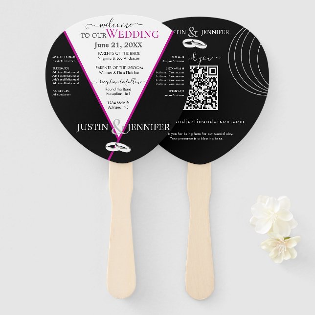 Éventail Couleurs Mariages rose noir Ventilateur à main (Devant et derrière)