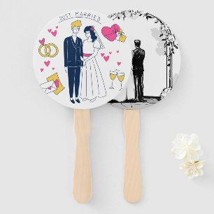 Éventail Couple de jeunes mariés "Just Married" dessiné de
