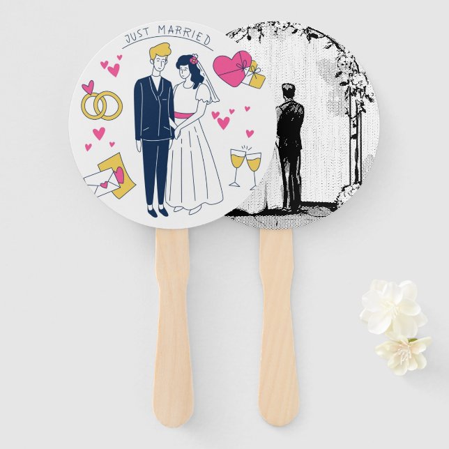 Éventail Couple de jeunes mariés "Just Married" dessiné de  (Devant et derrière)