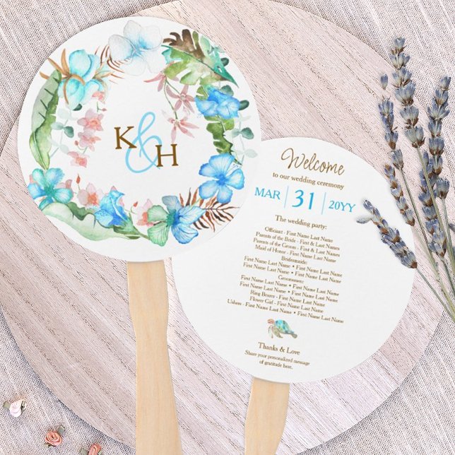 Éventail Couronne de mariage à l'Hibiscus bleu tropical (tropical blue hibiscus wedding hand fans with sea turtle, hawaiian hibiscus flower wreath)
