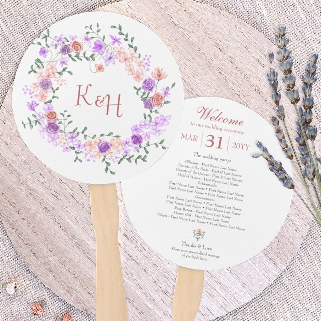Éventail Couronne de mariage Lilas et Rose pêche (lilac and peach wedding paper hand fans, light purple lavender wedding favors)