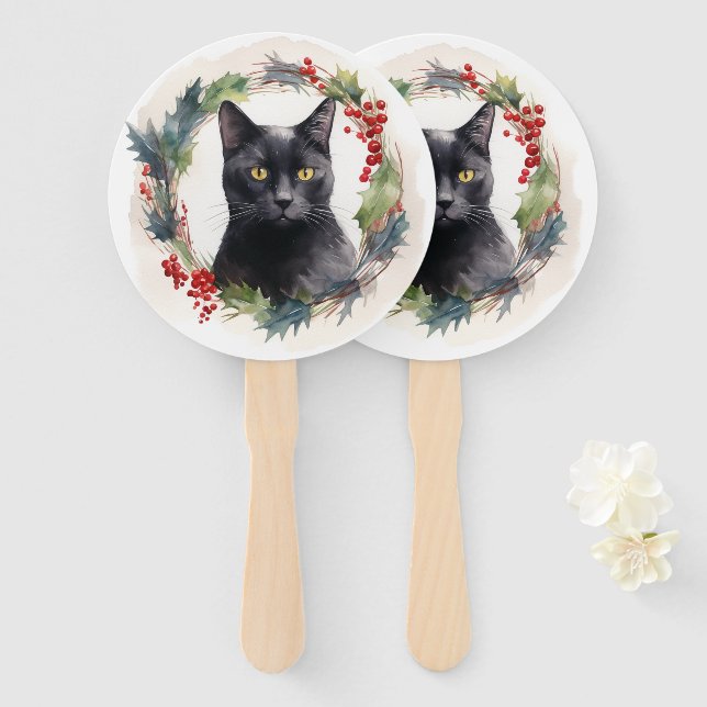 Éventail Couronne de Noël Chat Noir Kit Chat Festif (Devant et derrière)
