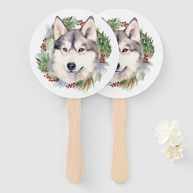 Éventail Couronne de Noël festive avec Husky sibérien (Devant et derrière)