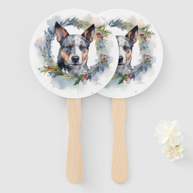 Éventail Couronne de Noël festive de Blue Heeler (Devant et derrière)