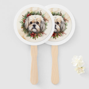 Éventail Couronne de Noël Lhasa Apso festive chiot