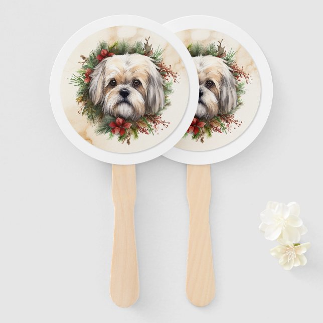 Éventail Couronne de Noël Lhasa Apso festive chiot (Devant et derrière)