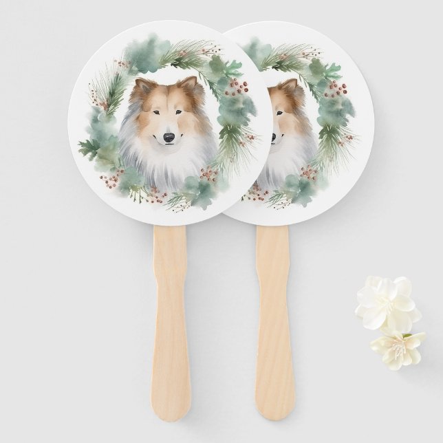Éventail Couronne de Noël Rough Collie festive chiot  (Devant et derrière)