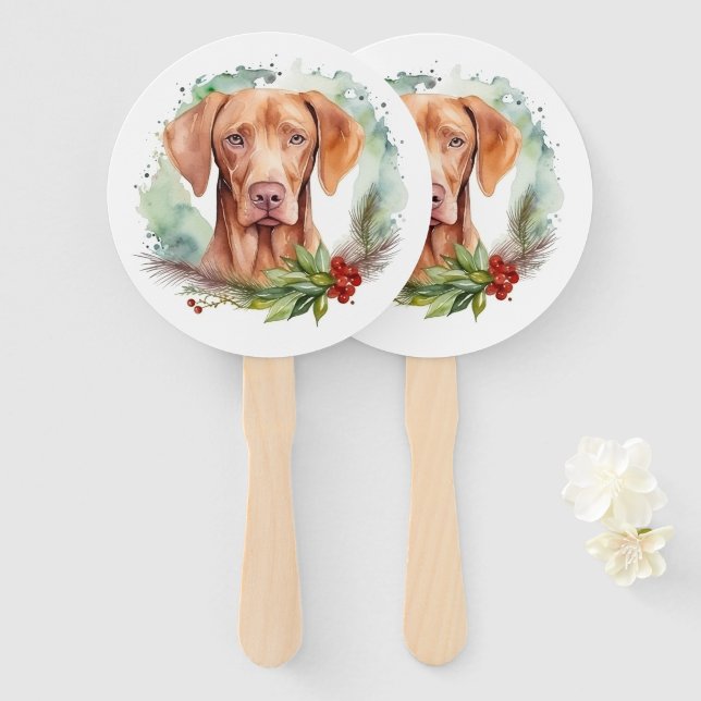 Éventail Couronne de Noël Vizsla Fête de Chien Joyeux (Devant et derrière)
