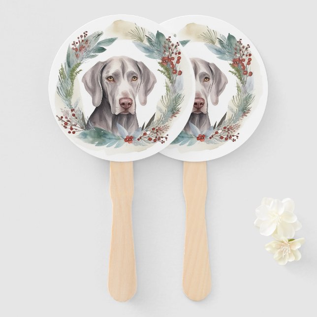 Éventail Couronne de Noël Weimaraner Chien de fête (Devant et derrière)