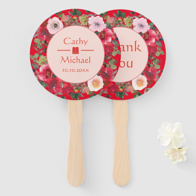 Éventail Couronne florale rouge mariage chinois merci (Devant et derrière)