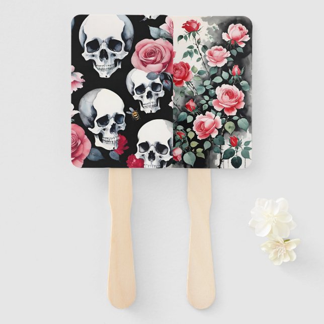 Éventail Crânes Roses et Papillons Goth Aquarelle (Devant et derrière)