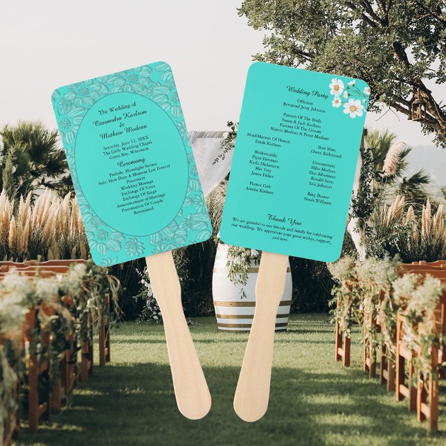 Éventail Daisies romantiques Floral Turquoise Programme de  (Romantic Daisies Floral Turquoise Wedding Program Hand Fan)