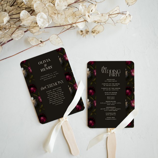 Éventail Dark Floral Wedding Program Elegant Burgundy (Créateur téléchargé)