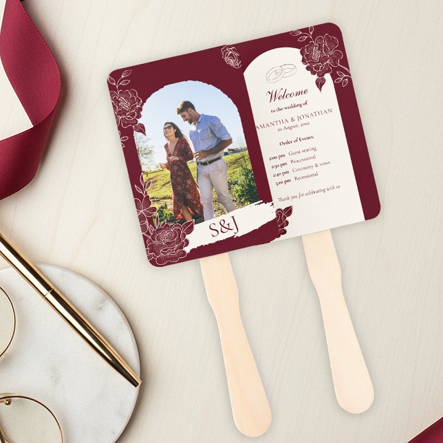Éventail de cérémonie de mariage à arche florale b (Deep Burgundy Floral Line Art with Ivory Arch with Photo Wedding Fan Program Details)
