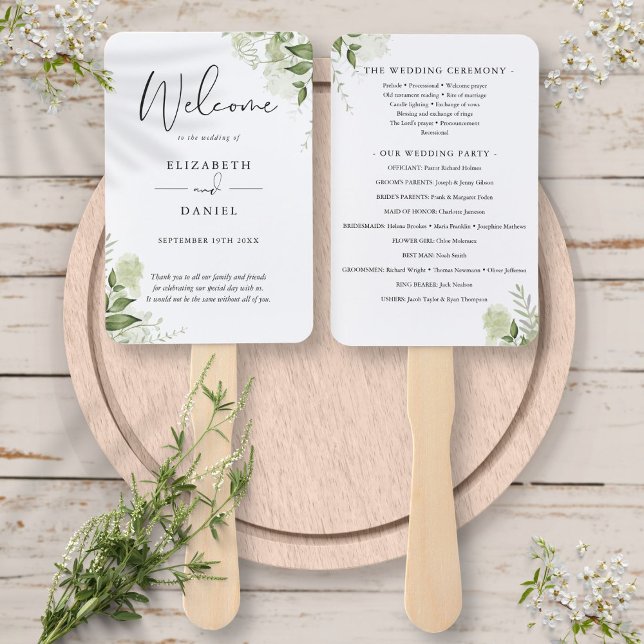Éventail de main de programme de mariage à feuilla (Simple Greenery Foliage Wedding Program Hand Fan)