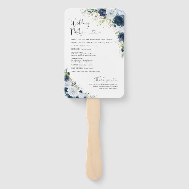 Éventail de main de programme de mariage floral bl (Dos)