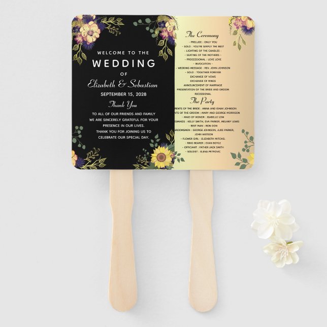 Éventail de main de programme de mariage floral lu (Devant et derrière)