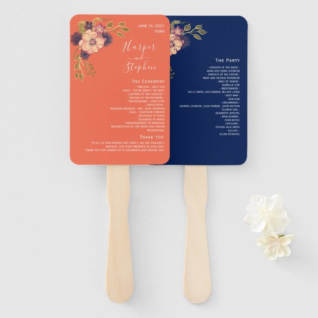 Éventail de main de programme de mariage floral ru (Devant et derrière)