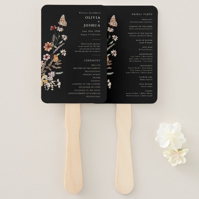 Éventail de main de programme de mariage noir (Black Boho Floral Wedding Program Hand Fan with Butterfly by Painted Paperie
)