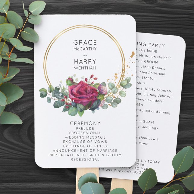 Éventail de main de programme de mariage Rose Roug (Romantic floral wedding program fans from my Red Rose and Eucalyptus Wedding Collection)