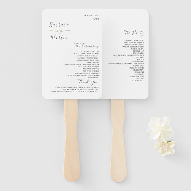 Éventail de main pour programme de mariage minimal (Devant et derrière)
