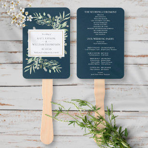 Éventail de mariage bleu mer profonde avec verdure