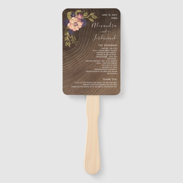 Éventail de mariage en bois rustique floral (Devant)