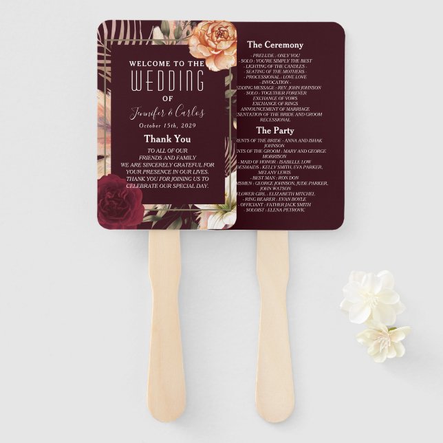 Éventail de mariage en burgundy floral (Devant et derrière)