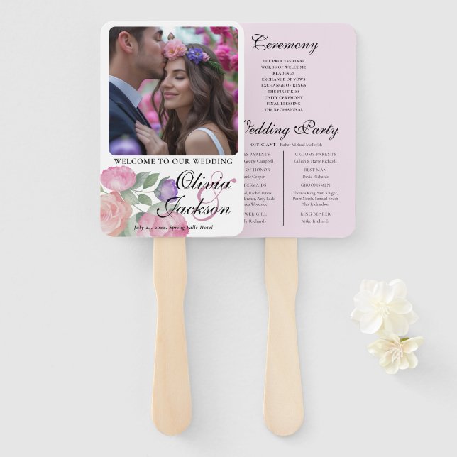 Éventail de mariage floral rose bohème (Devant et derrière)