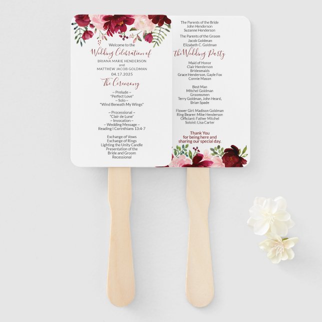 Éventail de mariage floral rose Bourgogne (Devant et derrière)