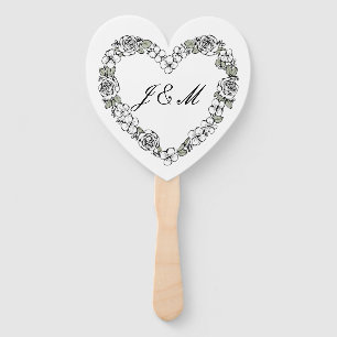 Éventail de mariage noir et blanc coeur floral