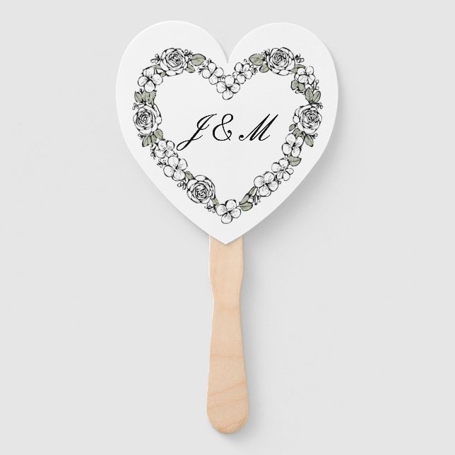 Éventail de mariage noir et blanc coeur floral (Devant)