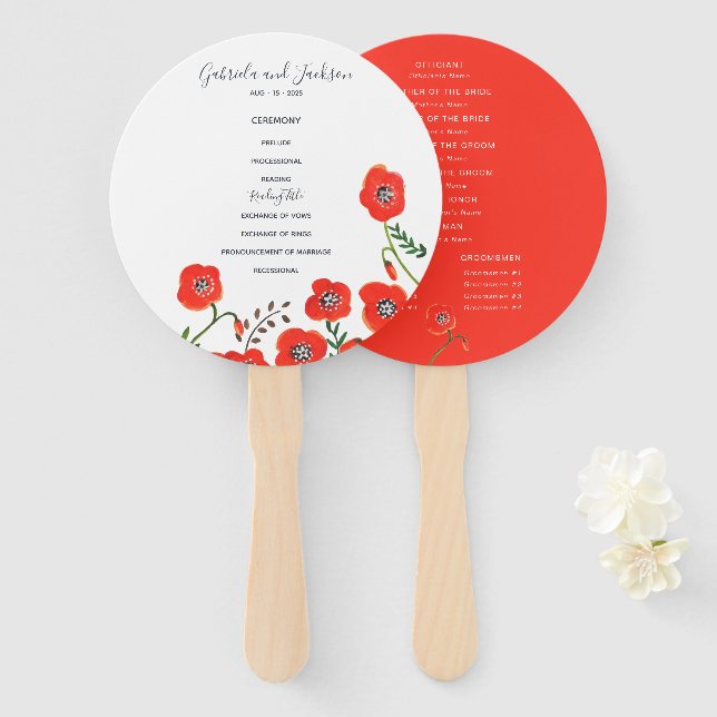 Éventail de mariage printanier aux coquelicots rou (Devant et derrière)
