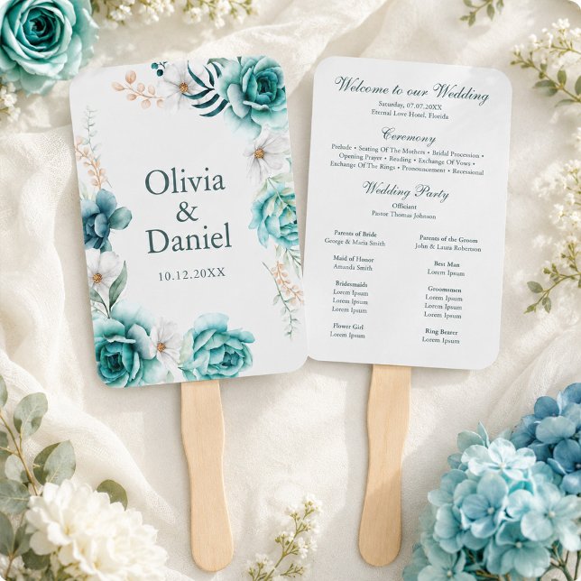 Éventail de programme de cérémonie de mariage exté (Teal Floral Outdoor Wedding Ceremony Program Fan)
