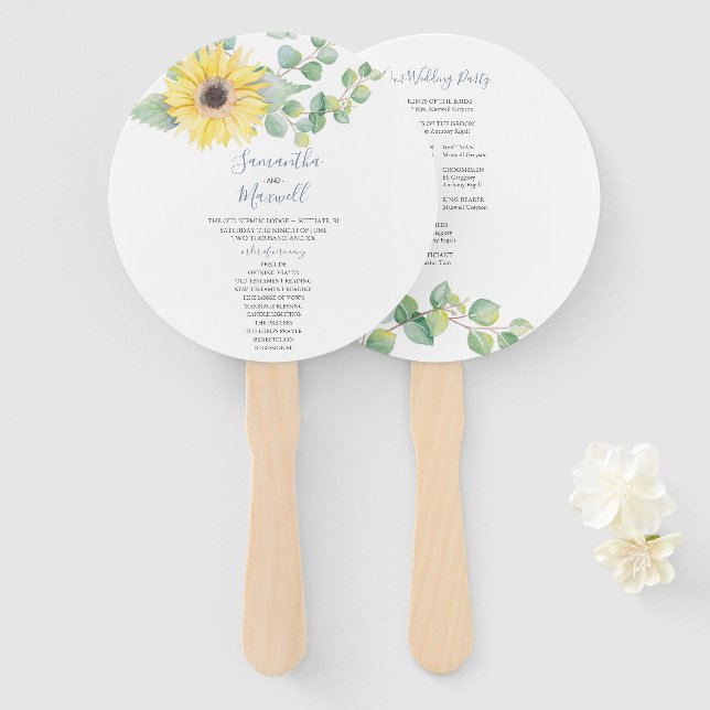 Éventail de programme de mariage à l'aquarelle de  (Devant et derrière)