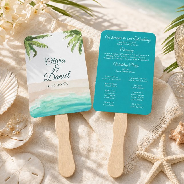 Éventail de programme de mariage avec plage tropic (Tropical Beach and Palm Trees Wedding Program Fan)