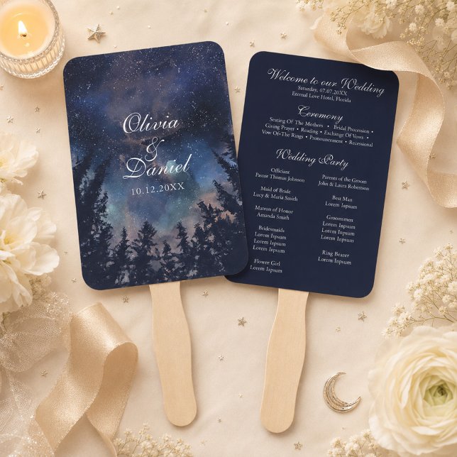 Éventail de programme de mariage céleste de la for (Starry Night Forest Celestial Wedding Program Fan on a table with celestial wedding decor & flowers)