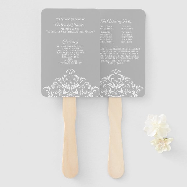 Éventail de programme de mariage élégant en damas  (Devant et derrière)