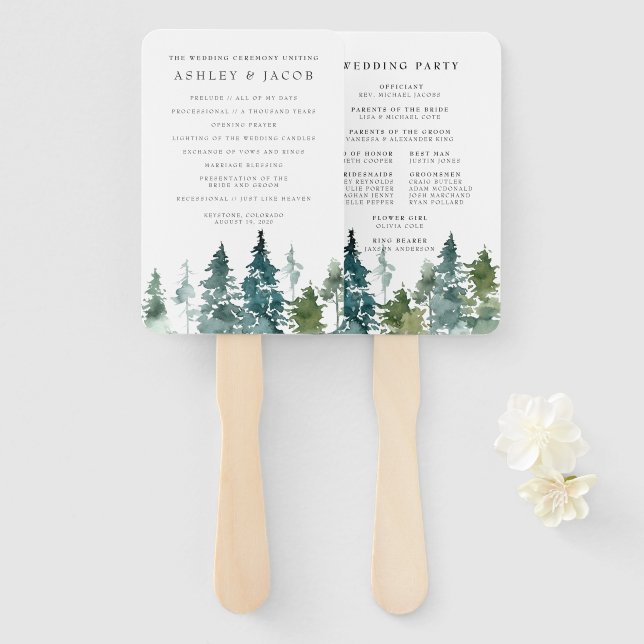 Éventail de programme de mariage en forêt de pins  (Devant et derrière)