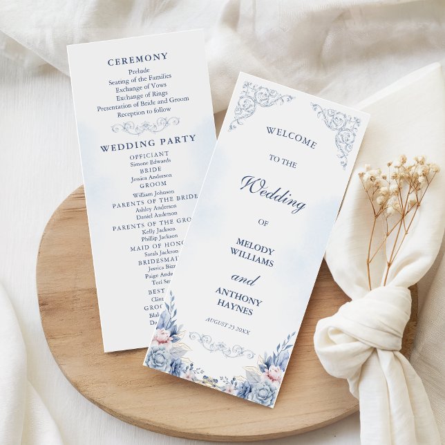 Éventail de programme de mariage floral bleu pouss (Créateur téléchargé)