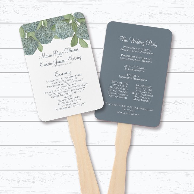 Éventail de programme de mariage floral Hydrangea  (Blue hydrangea floral wedding program fan with watercolor flowers and elegant ceremony details.)