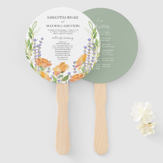 Éventail de programme de mariage floral vert sauge (Devant et derrière)