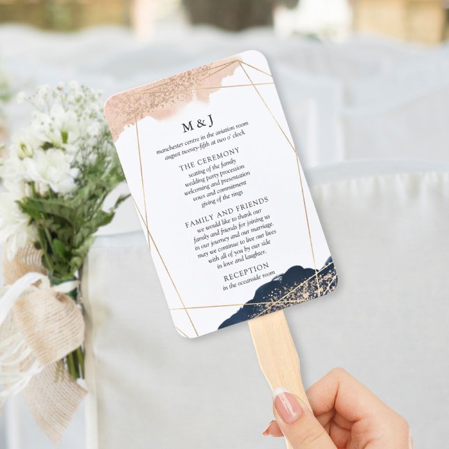 Éventail de programme de mariage rose, or et marin (Créateur téléchargé)