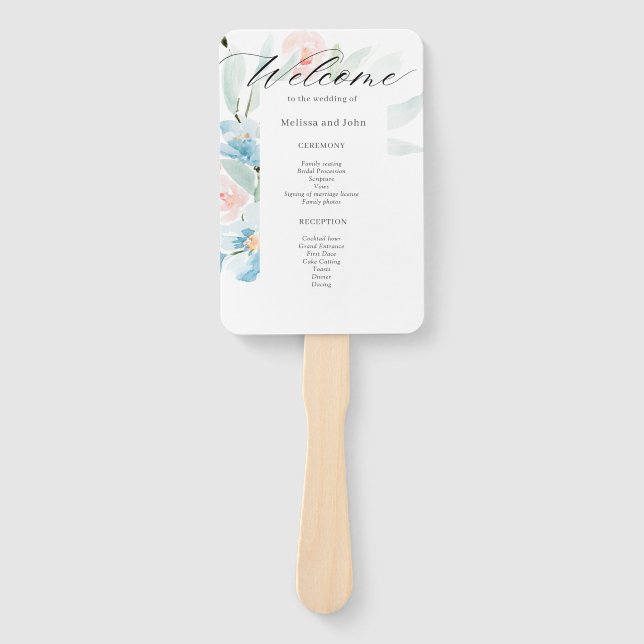 Éventail Détails du Mariage bleu et bleu aquarelle (Devant)