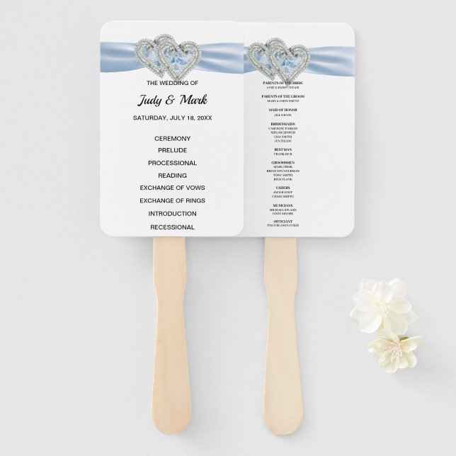 Éventail Diamond Hearts Blue Wedding Programme Fans (Devant et derrière)