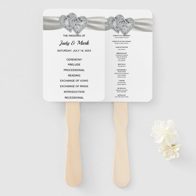 Éventail Diamond Hearts Programme de mariage blanc Fans (Devant et derrière)