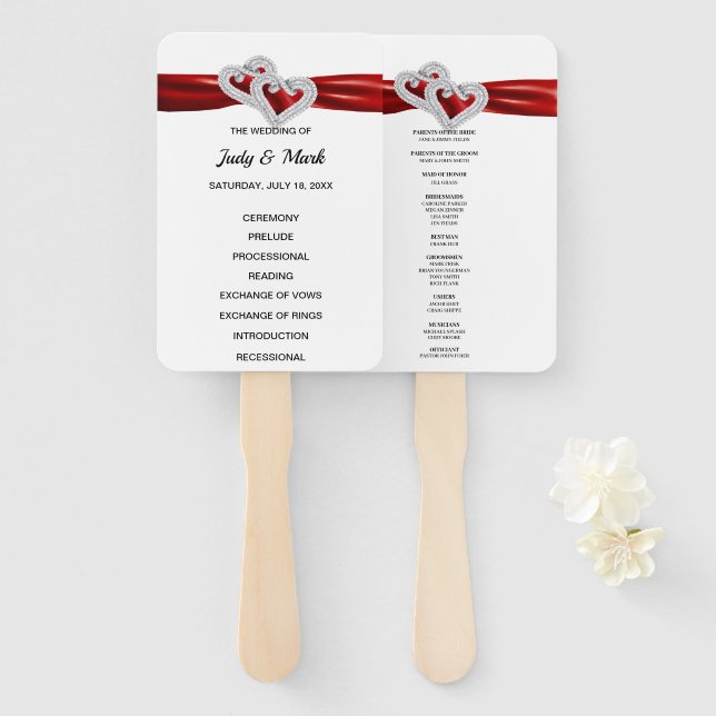 Éventail Diamond Hearts Red Wedding Programme Fans (Devant et derrière)